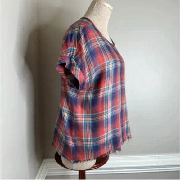 Anthropologie Cloth & Stone Button Back Short Sleeve Plaid High Low Size Medium - Picture 5 of 8
